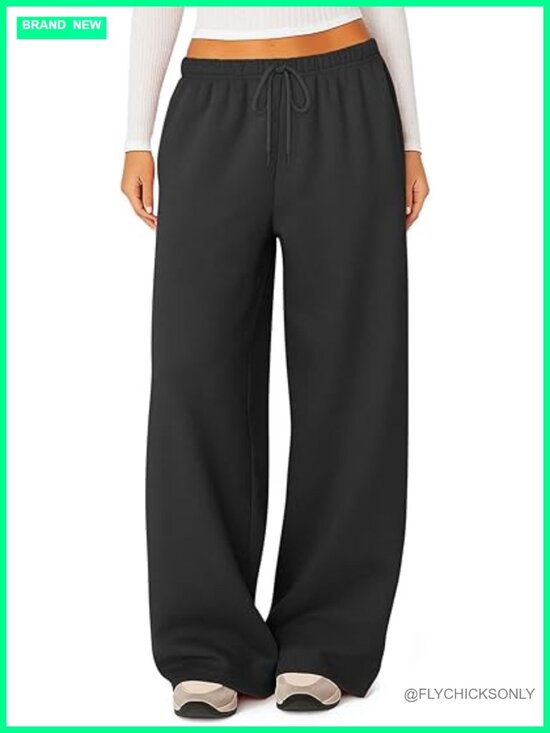 Pants - Fleece Lined Wide Leg Sweatpants with Pockets High Rise Baggy
